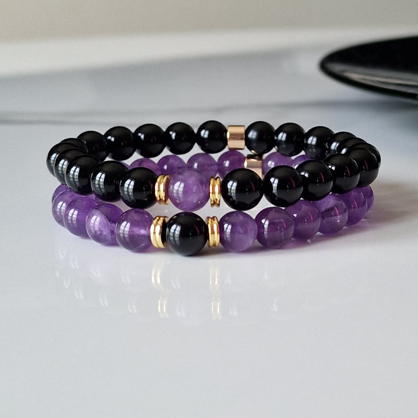 Natural Amethyst & Black Onyx Crystal Healing Distance Bracelet