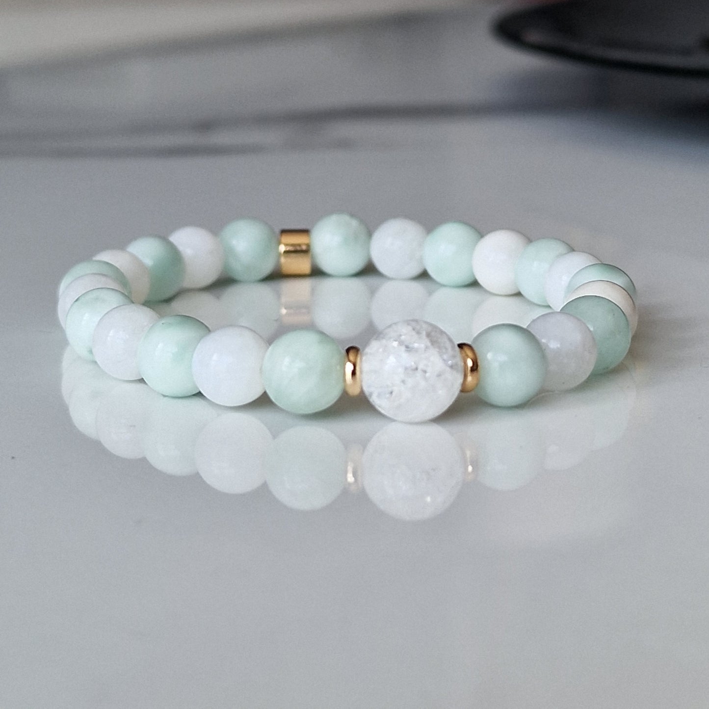 Aqua Blue Obsidian Moonstone And Crackle Quartz Crystal Bracelet