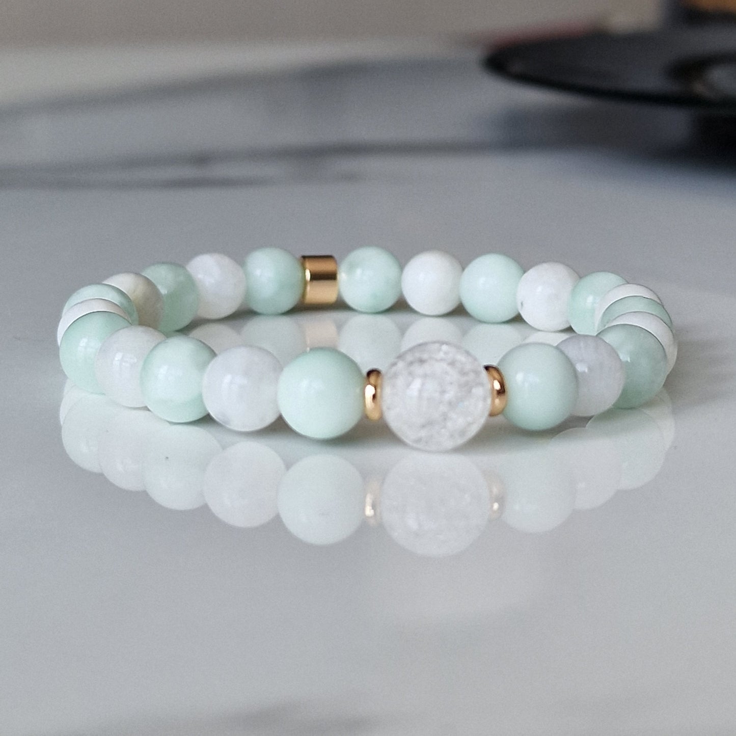 Aqua Blue Obsidian Moonstone And Crackle Quartz Crystal Bracelet