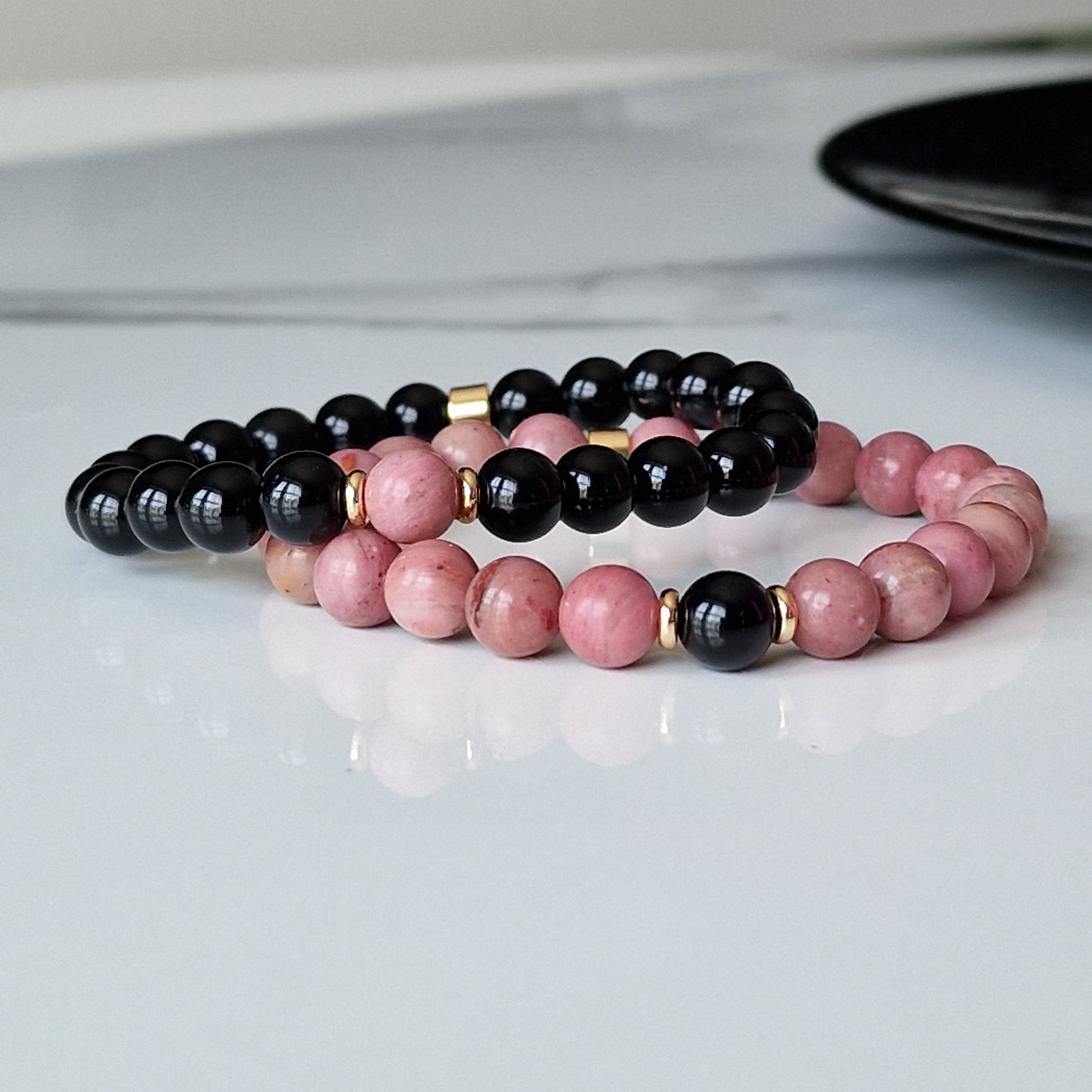 Natural Black Onyx And Rhodonite Crystal Couple Bracelets