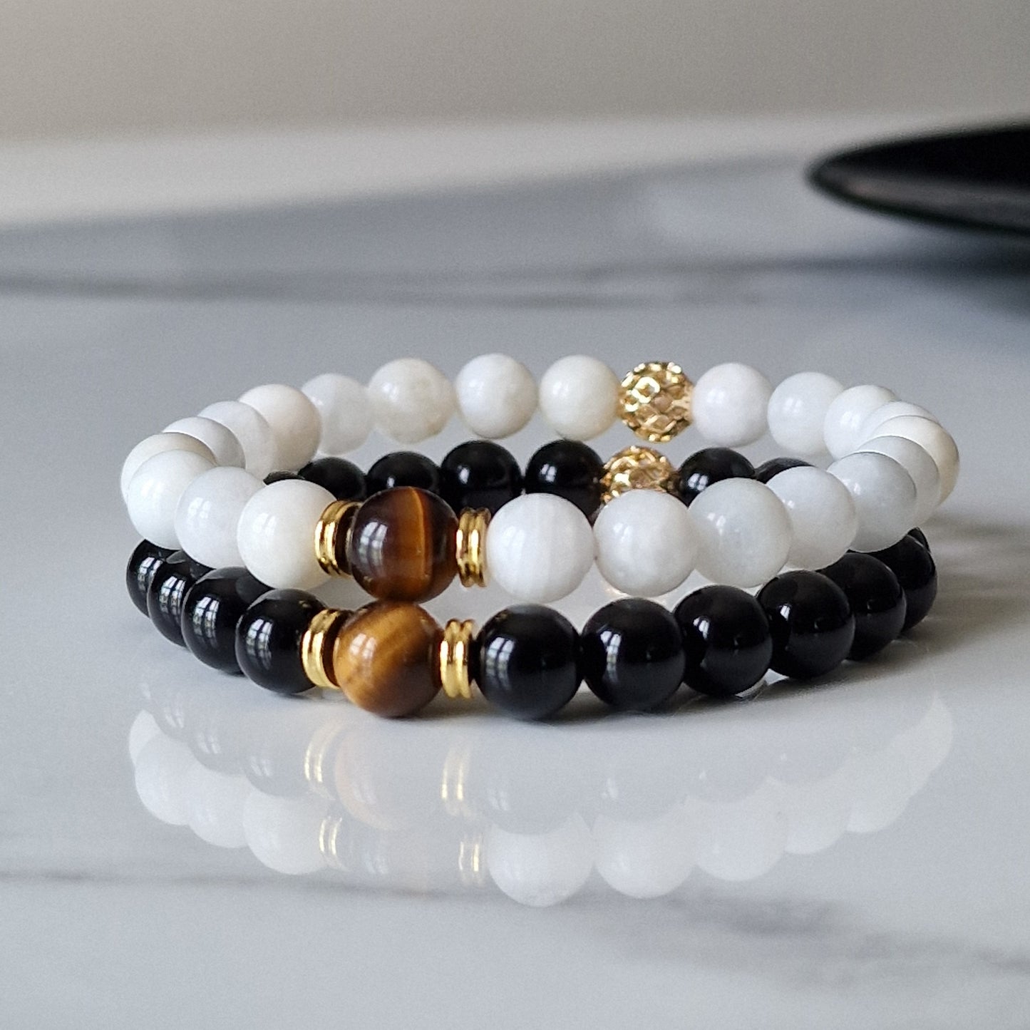 Genuine Moonstone & Onyx And Tiger Eye Crystal Distance Bracelet