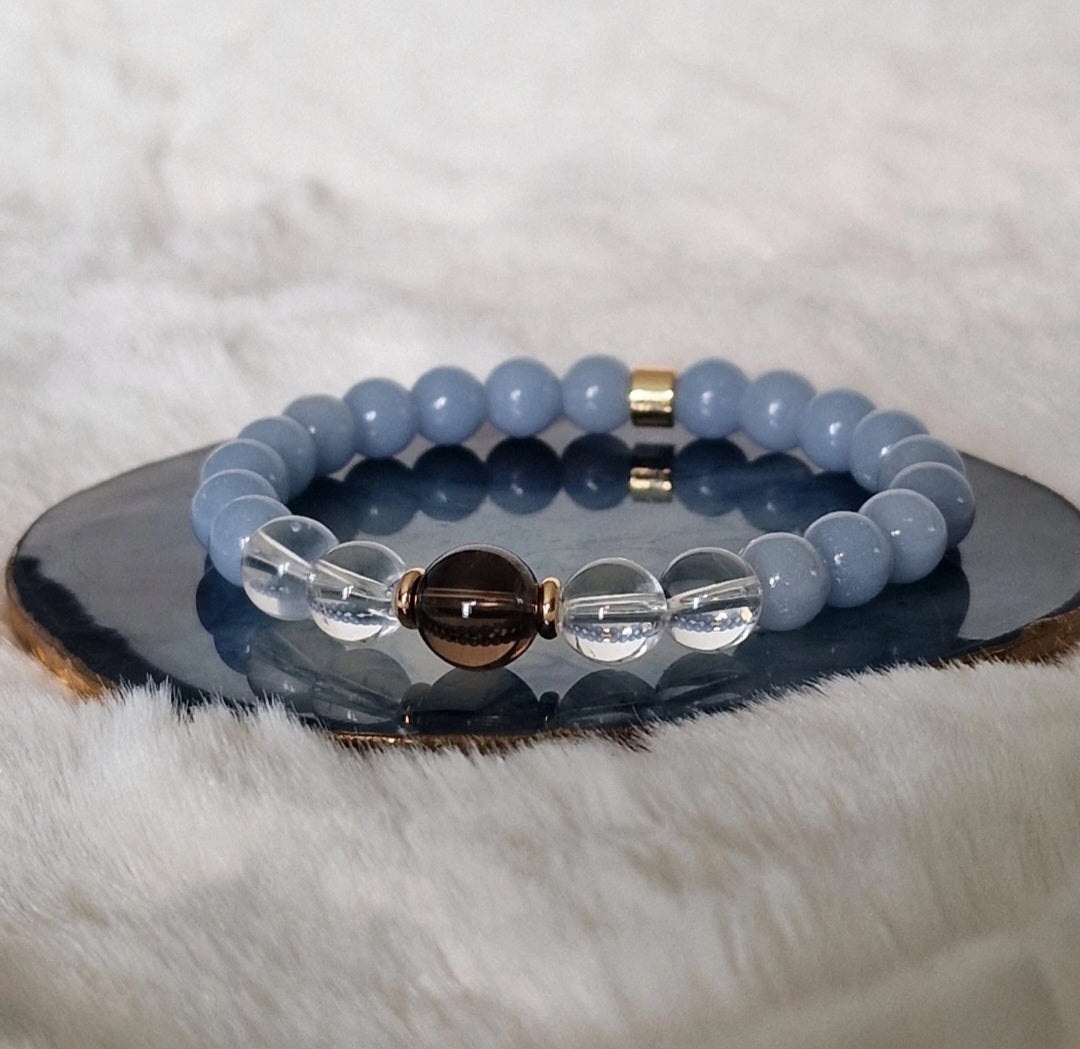 Natural Angelite, Clear Quartz And Smoky Quartz Crystal Bracelet