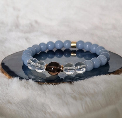 Natural Angelite, Clear Quartz And Smoky Quartz Crystal Bracelet