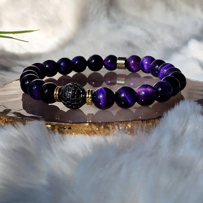 Natural Tiger Eye Crystal Healing Bracelet With Cubic Zirconia