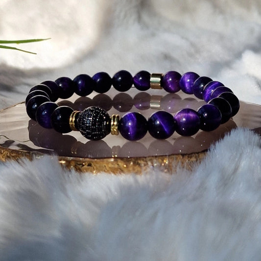 Natural Tiger Eye Crystal Healing Bracelet With Cubic Zirconia