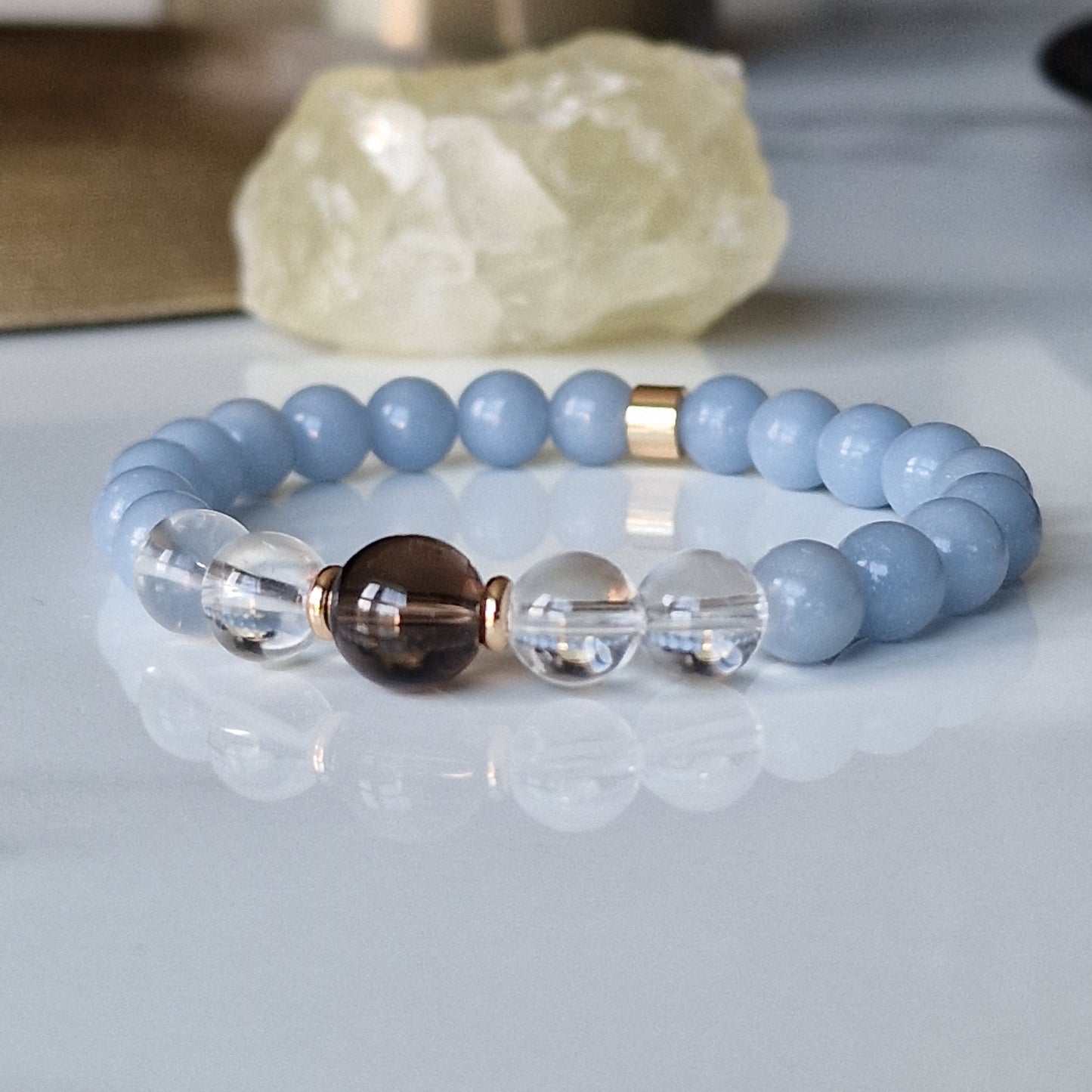 Natural Angelite, Clear Quartz And Smoky Quartz Crystal Bracelet