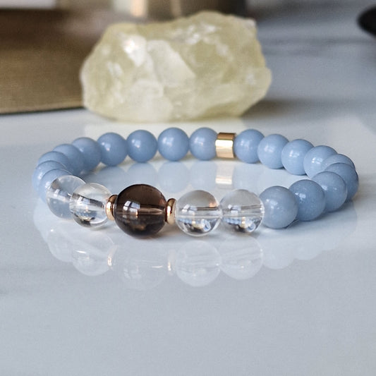Natural Angelite, Clear Quartz And Smoky Quartz Crystal Bracelet