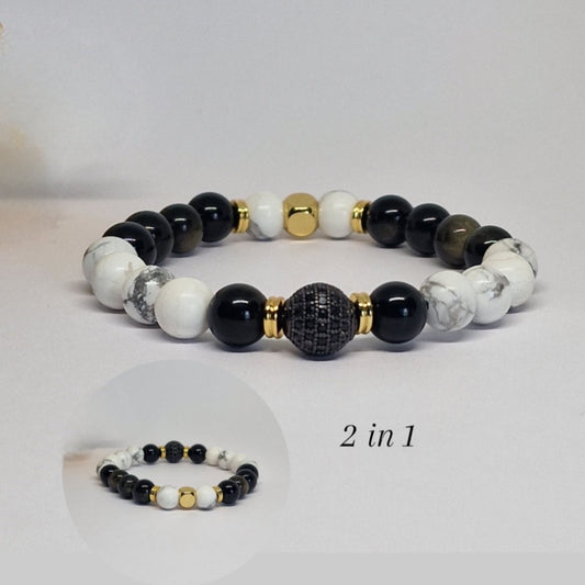 2in1 Howlite And Golden Sheen Obsidian Beaded Crystal Bracelet
