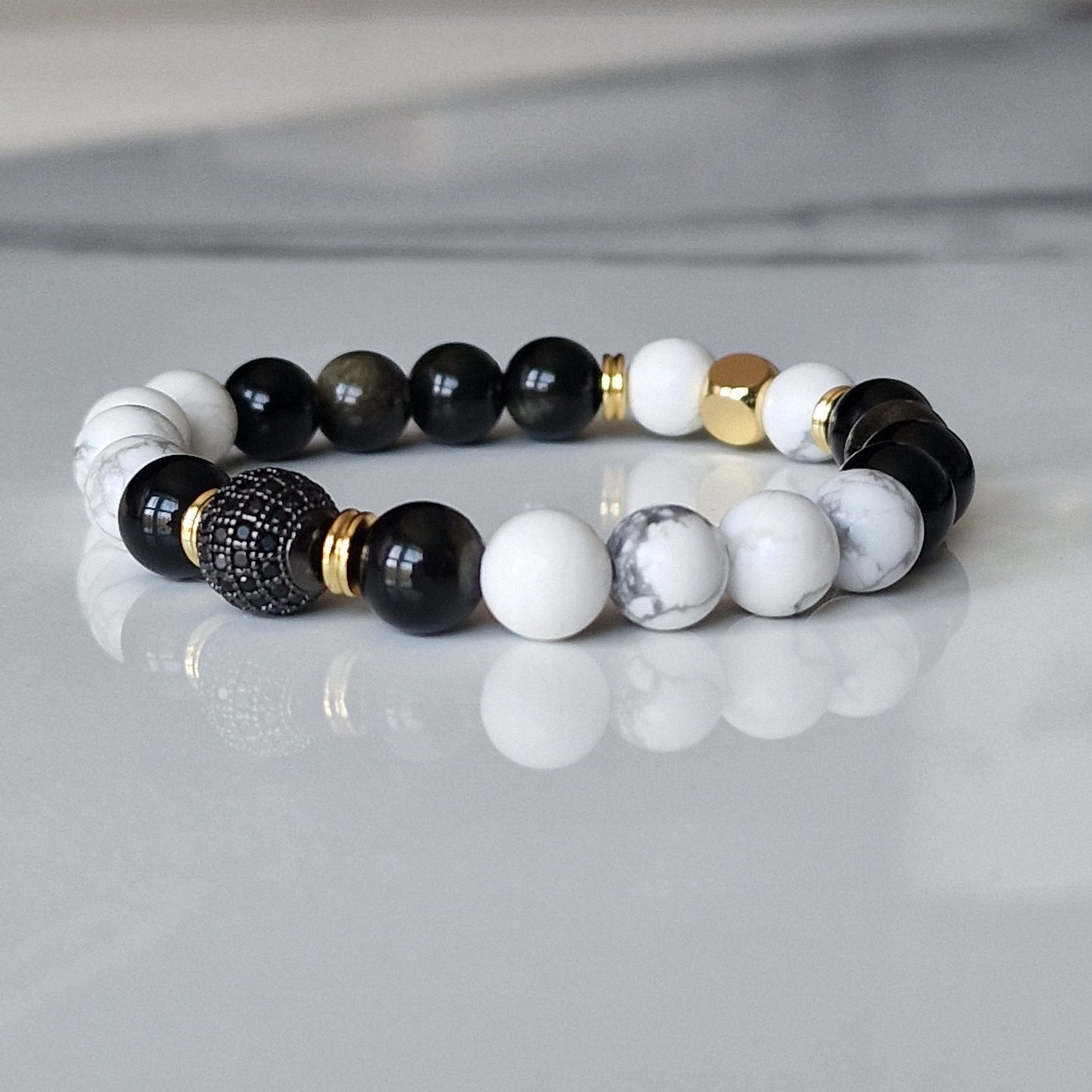 Howlite And Golden Sheen Obsidian Beaded Crystal Bracelet