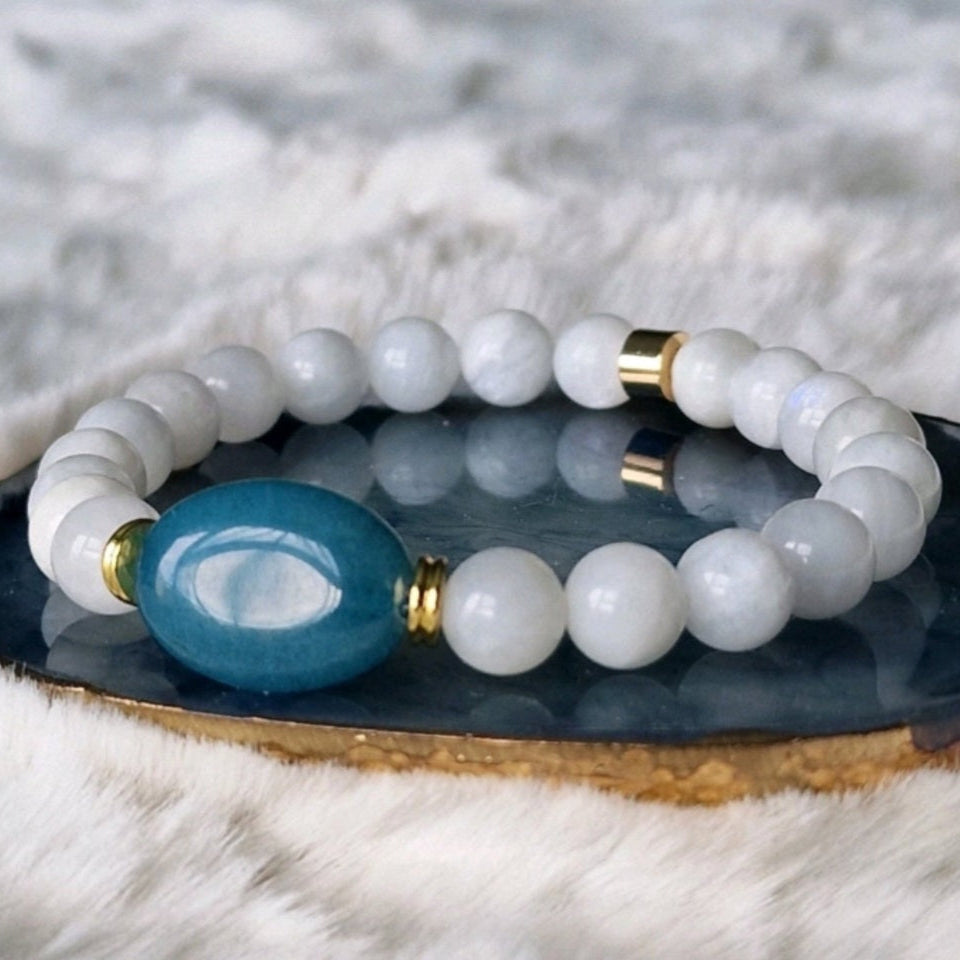 Genuine Moonstone Bracelet With Blue Agate