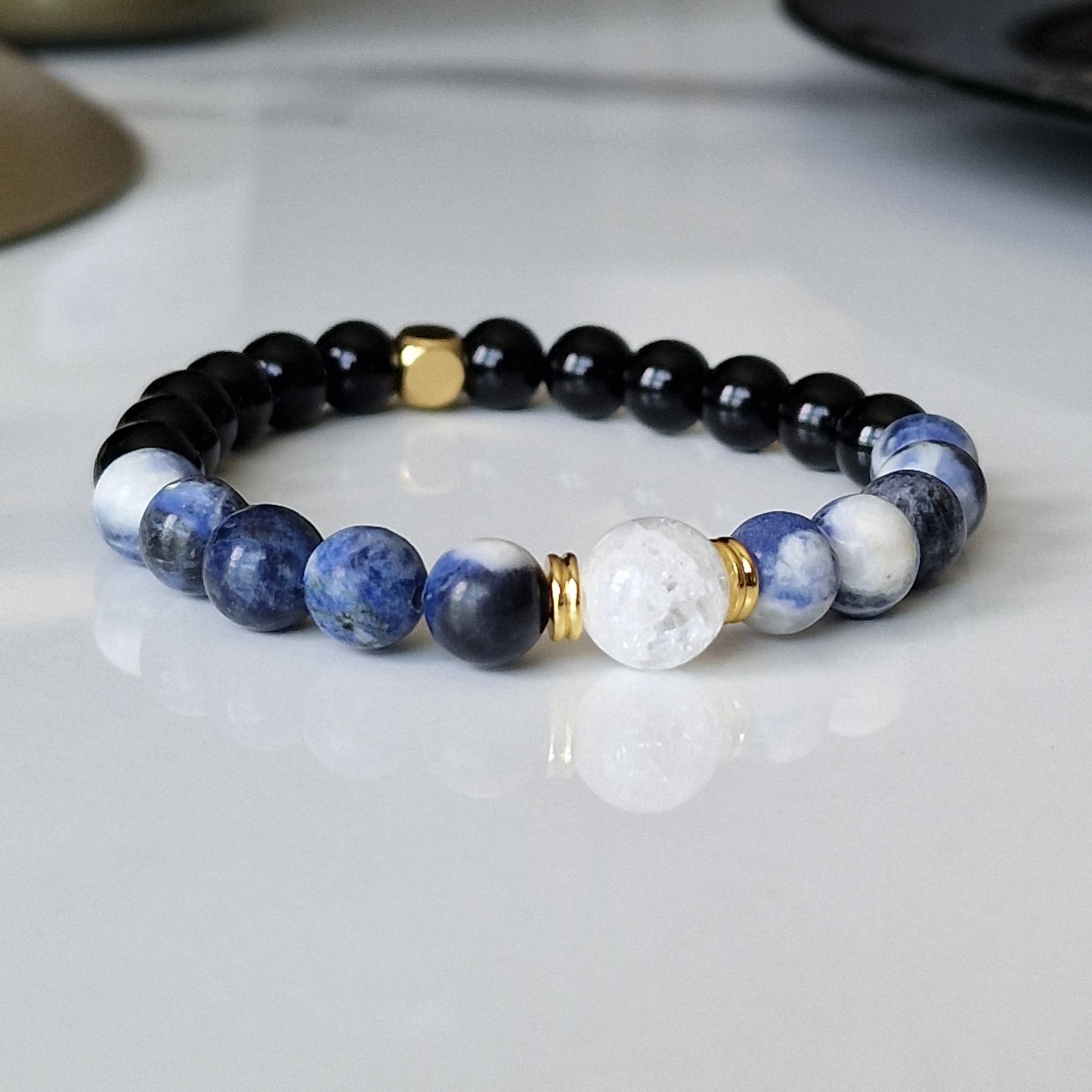 Natural Sodalite, Black Onyx And Crackle Quartz Crystal Bracelet