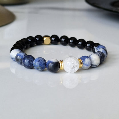 Natural Sodalite, Black Onyx And Crackle Quartz Crystal Bracelet