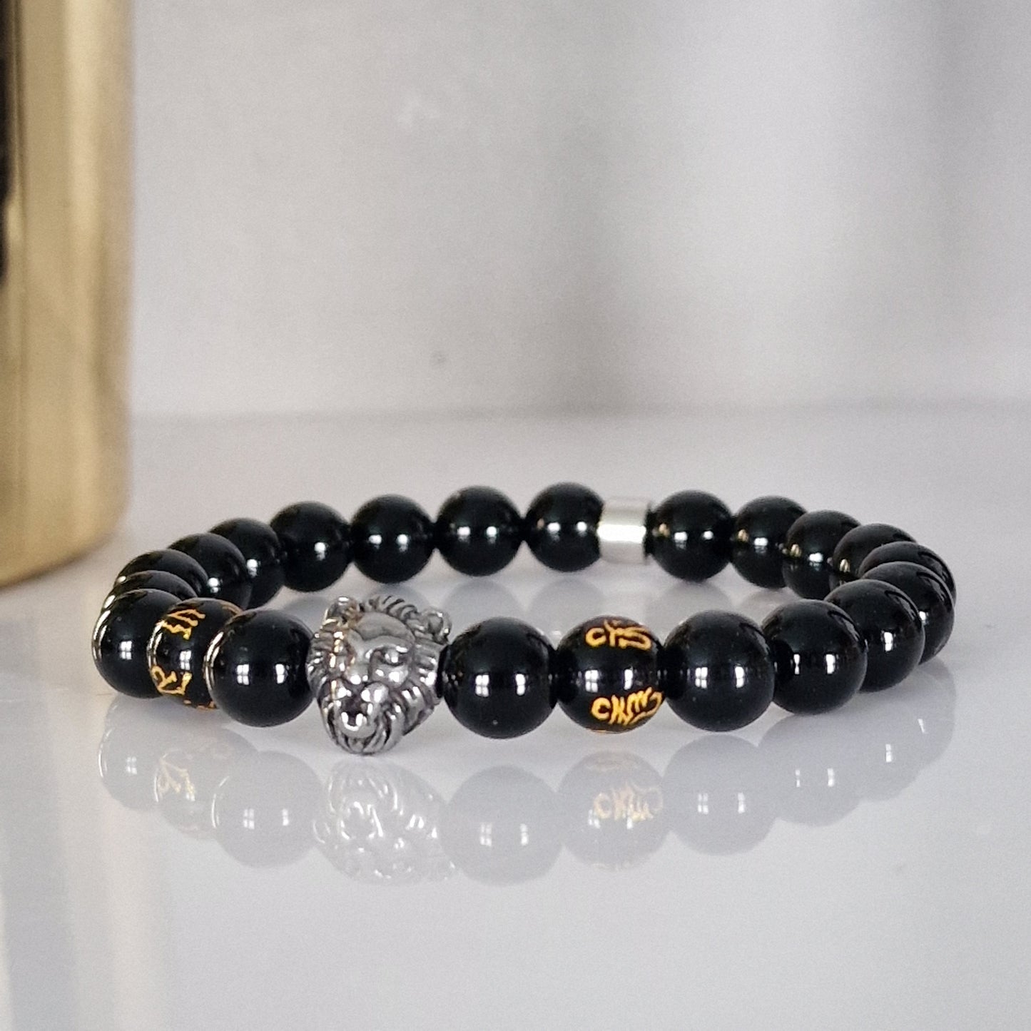 Natural Black Onyx & Agate Crystal Beaded Bracelet With Lion Head