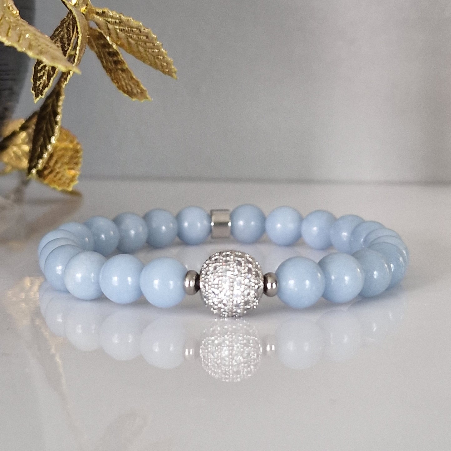 Natural Angelite Crystal Bracelet With Cubic Zirconia