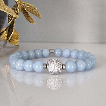 Natural Angelite Crystal Bracelet With Cubic Zirconia