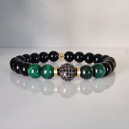 Black Onyx & Tiger Eye Crystal Bracelet With Cubic Zirconia