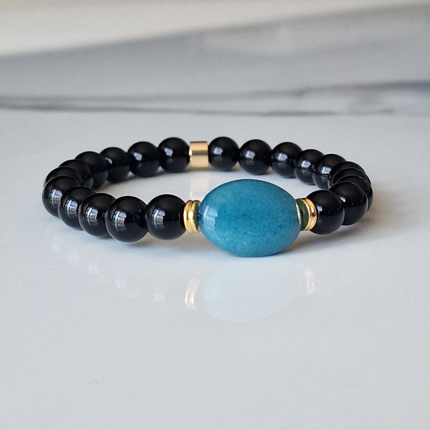 Natural Black Onyx Beaded Bracelet With Blue Agate