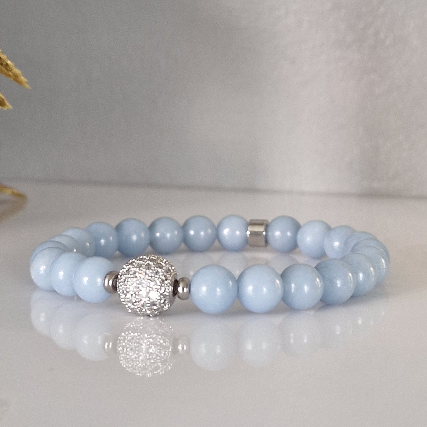 Natural Angelite Crystal Bracelet With Cubic Zirconia