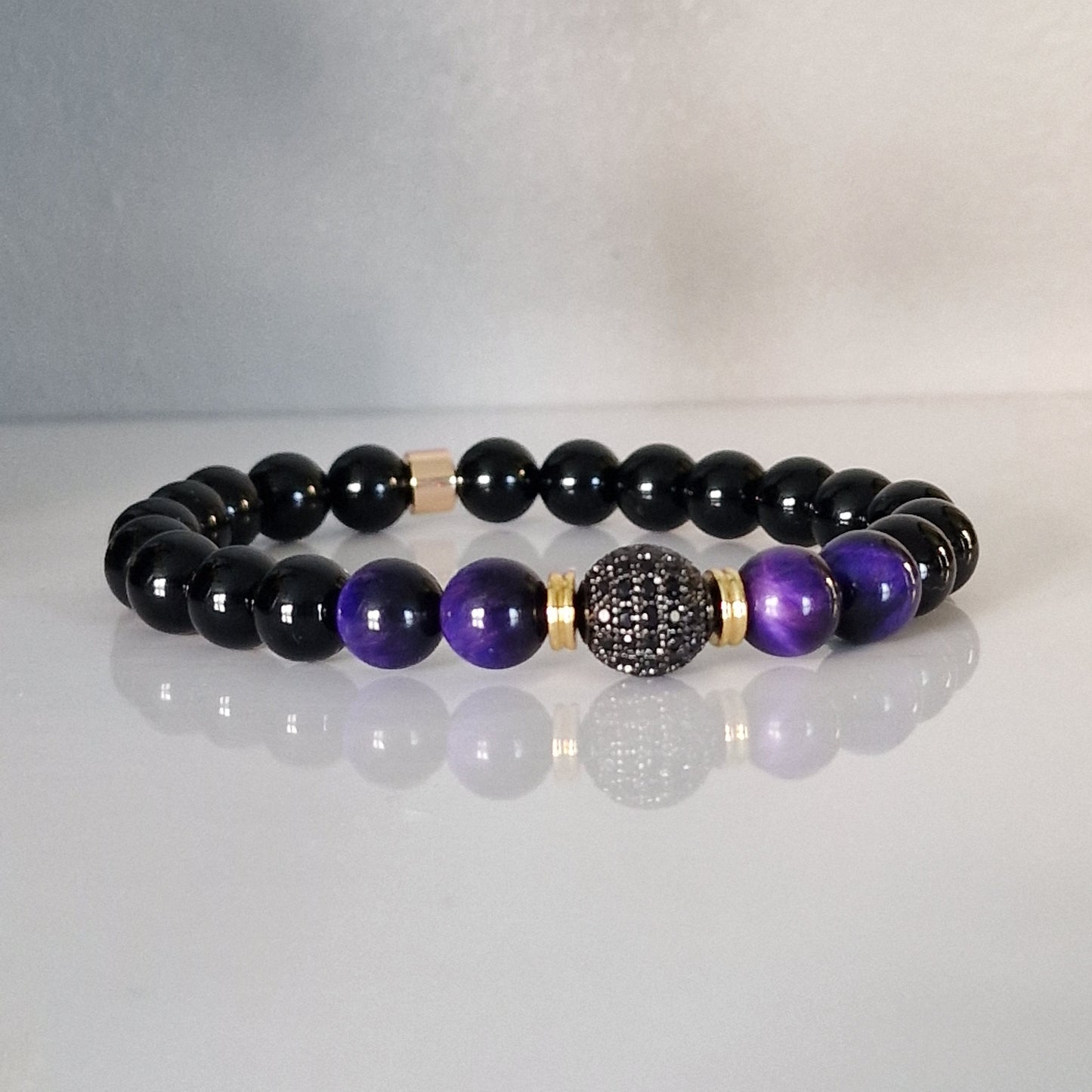 Black Onyx & Tiger Eye Crystal Bracelet With Cubic Zirconia