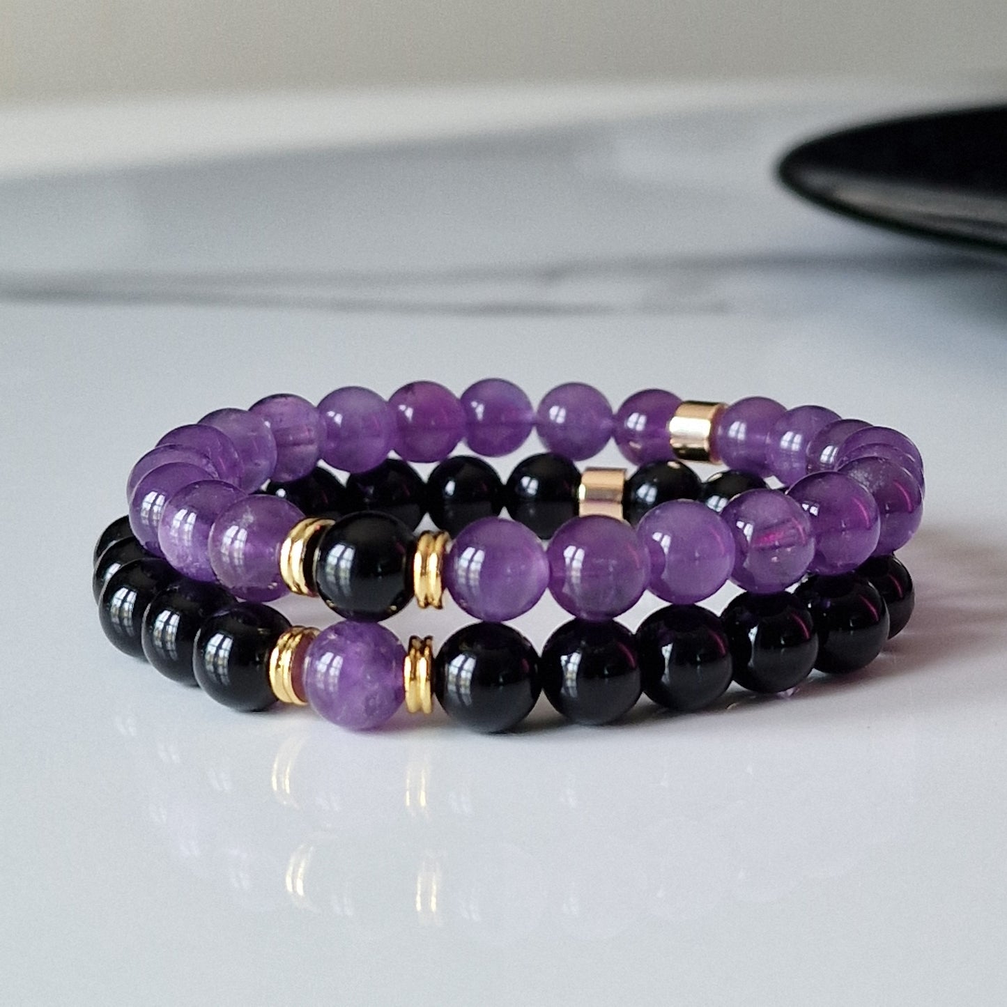Natural Amethyst & Black Onyx Crystal Healing Distance Bracelet