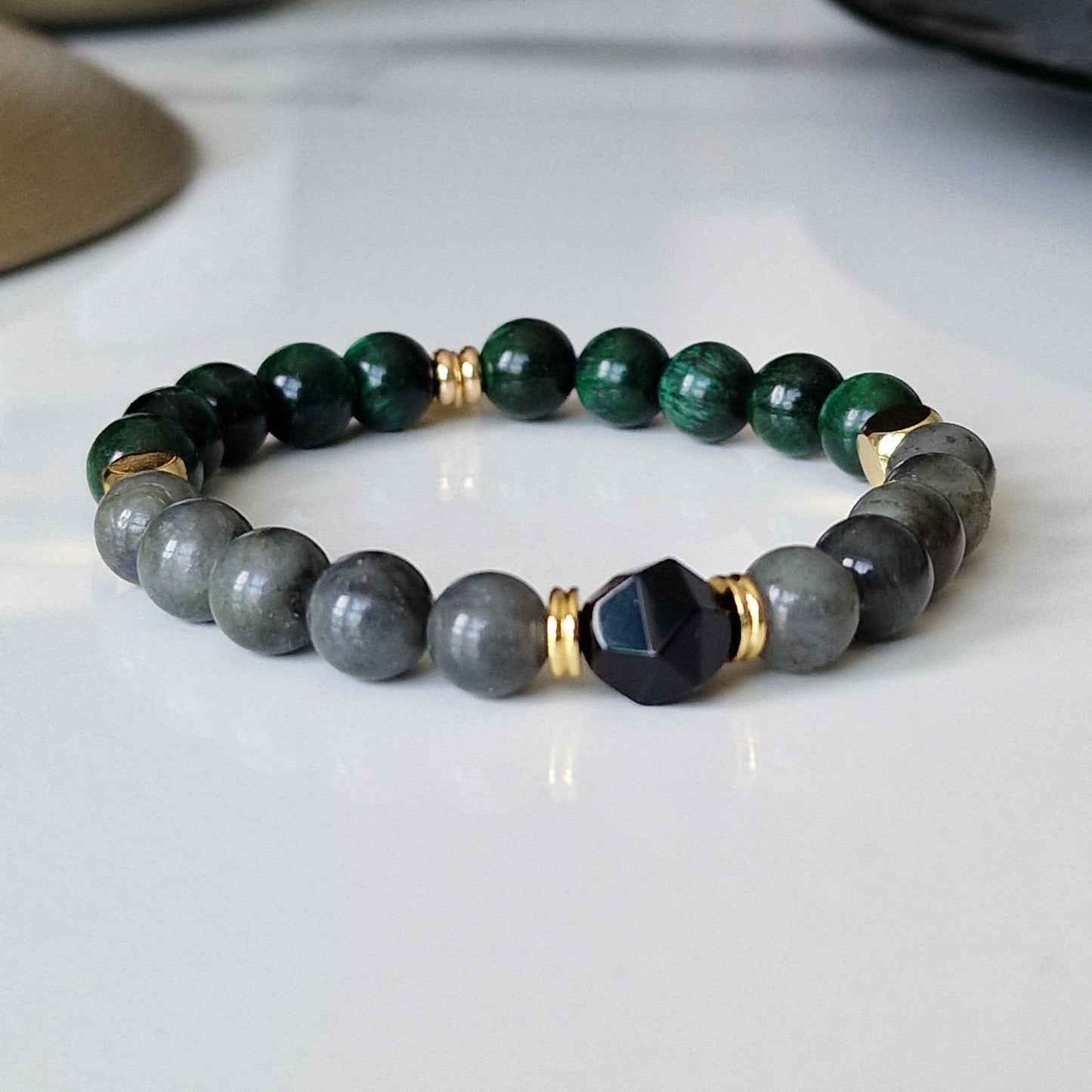 Labradorite, Green Tiger Eye And Black Onyx Beaded Crystal Bracelet