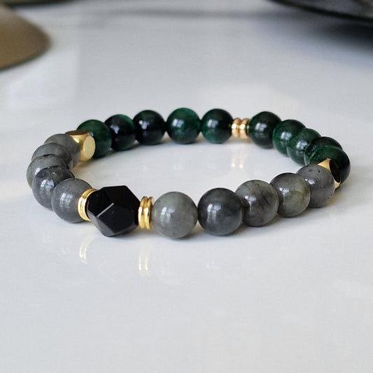 Labradorite, Green Tiger Eye And Black Onyx Beaded Crystal Bracelet