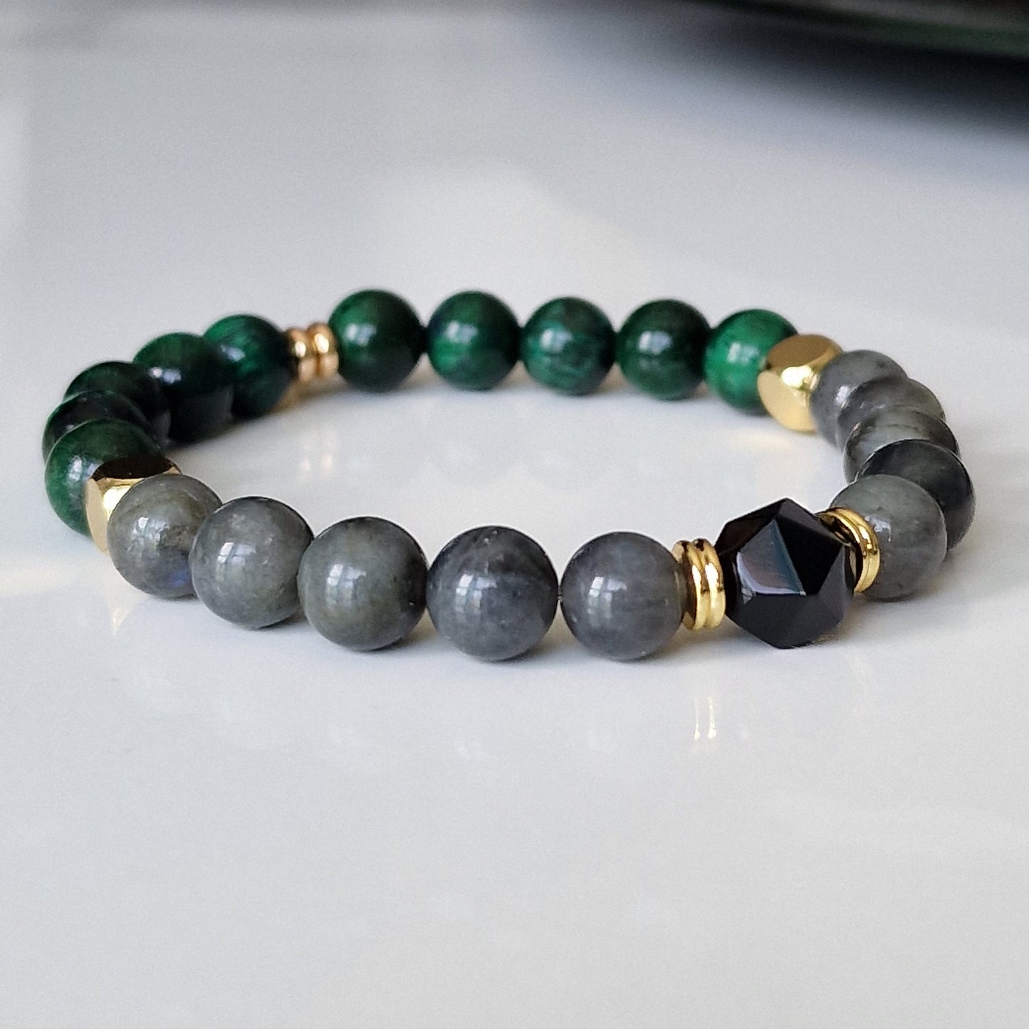 Labradorite, Green Tiger Eye And Black Onyx Beaded Crystal Bracelet