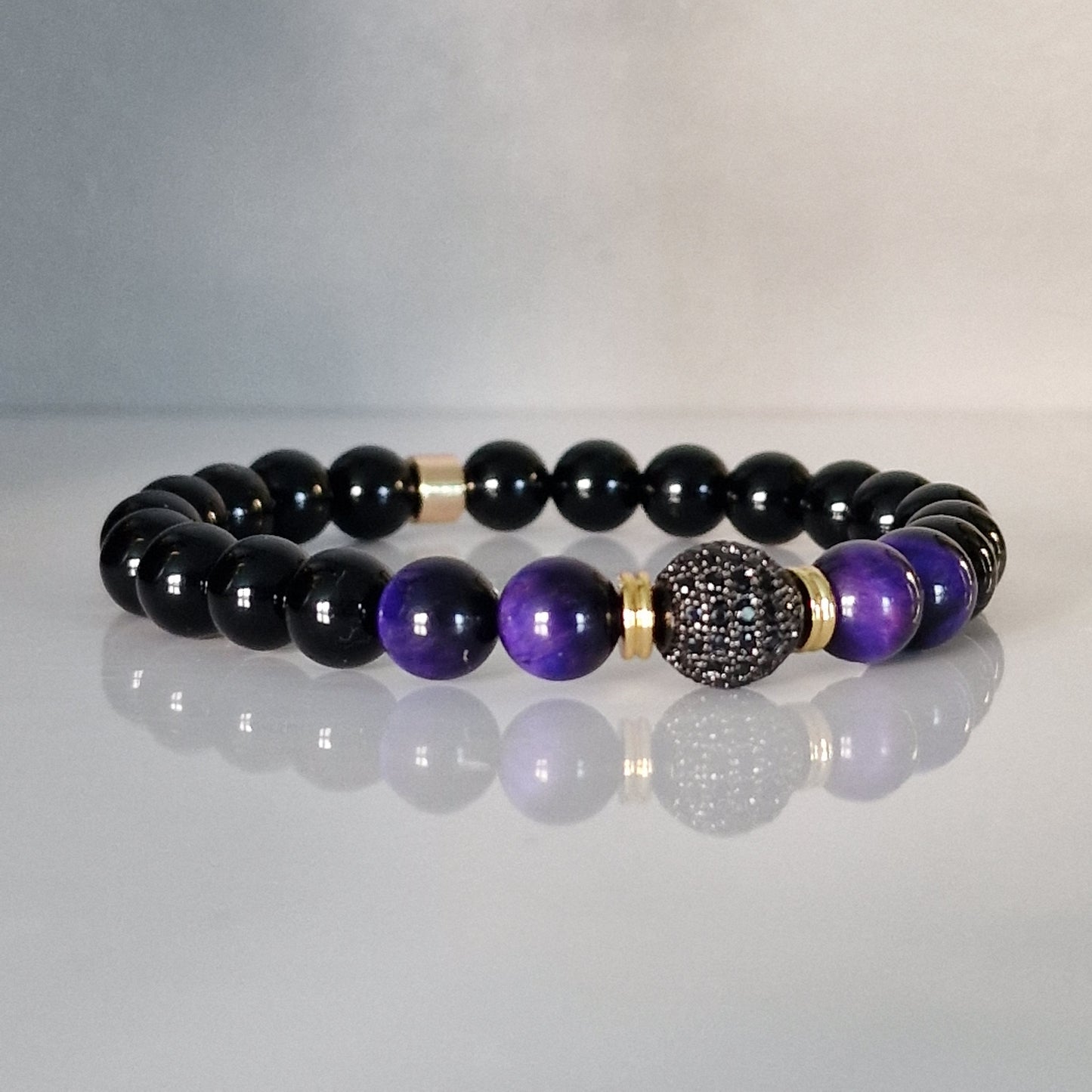 Black Onyx & Tiger Eye Crystal Bracelet With Cubic Zirconia