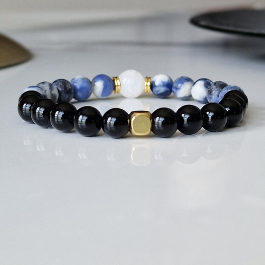 Natural Sodalite, Black Onyx And Crackle Quartz Crystal Bracelet