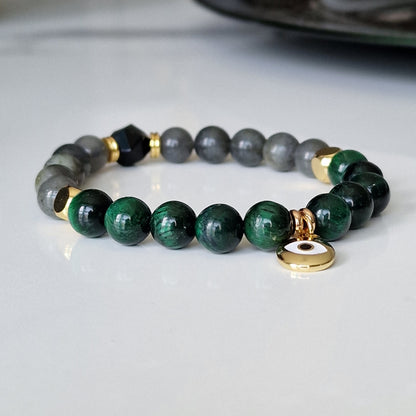 Labradorite, Green Tiger Eye And Black Onyx Beaded Crystal Bracelet