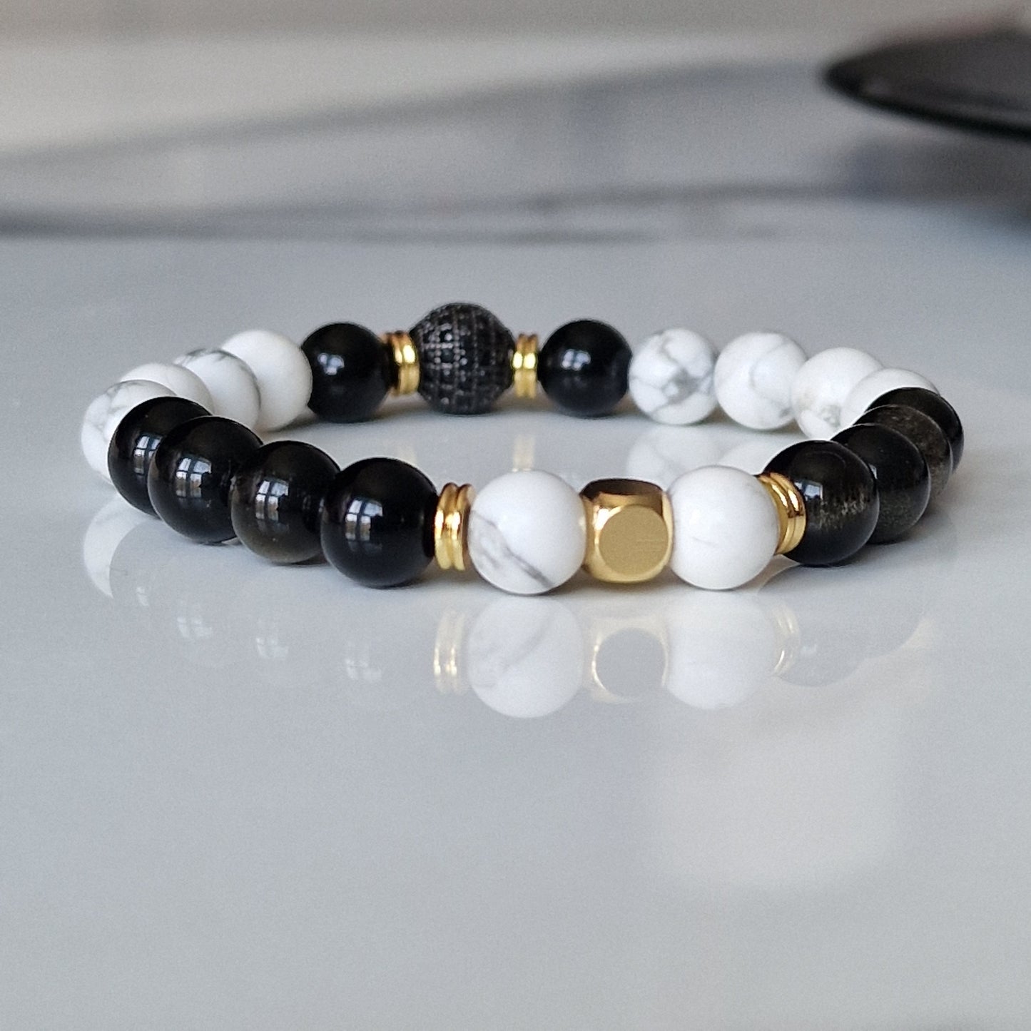 Howlite And Golden Sheen Obsidian Beaded Crystal Bracelet