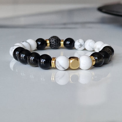 Howlite And Golden Sheen Obsidian Beaded Crystal Bracelet