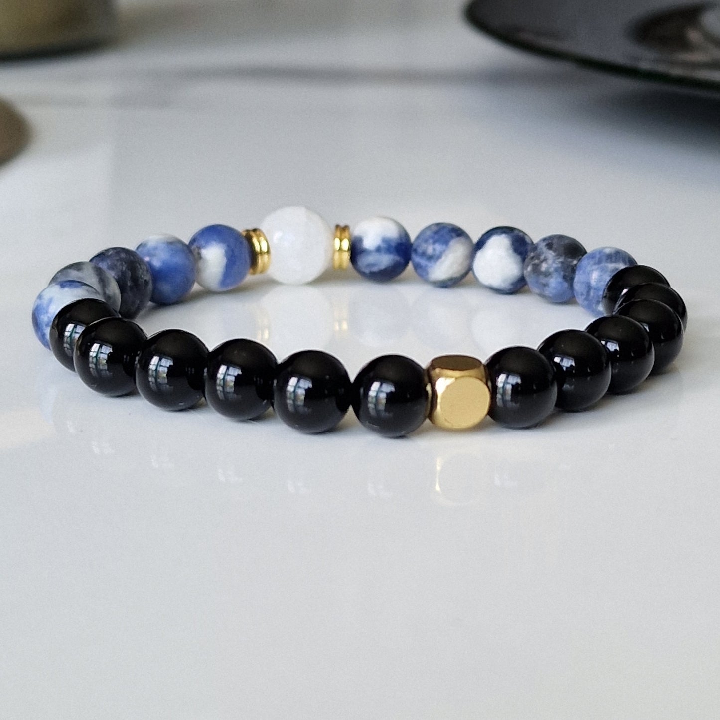 Natural Sodalite, Black Onyx And Crackle Quartz Crystal Bracelet