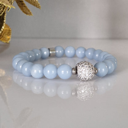 Natural Angelite Crystal Bracelet With Cubic Zirconia