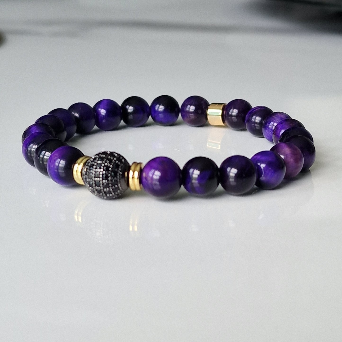 Natural Tiger Eye Crystal Healing Bracelet With Cubic Zirconia