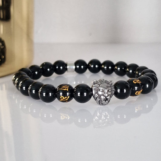 Natural Black Onyx & Agate Crystal Beaded Bracelet With Lion Head