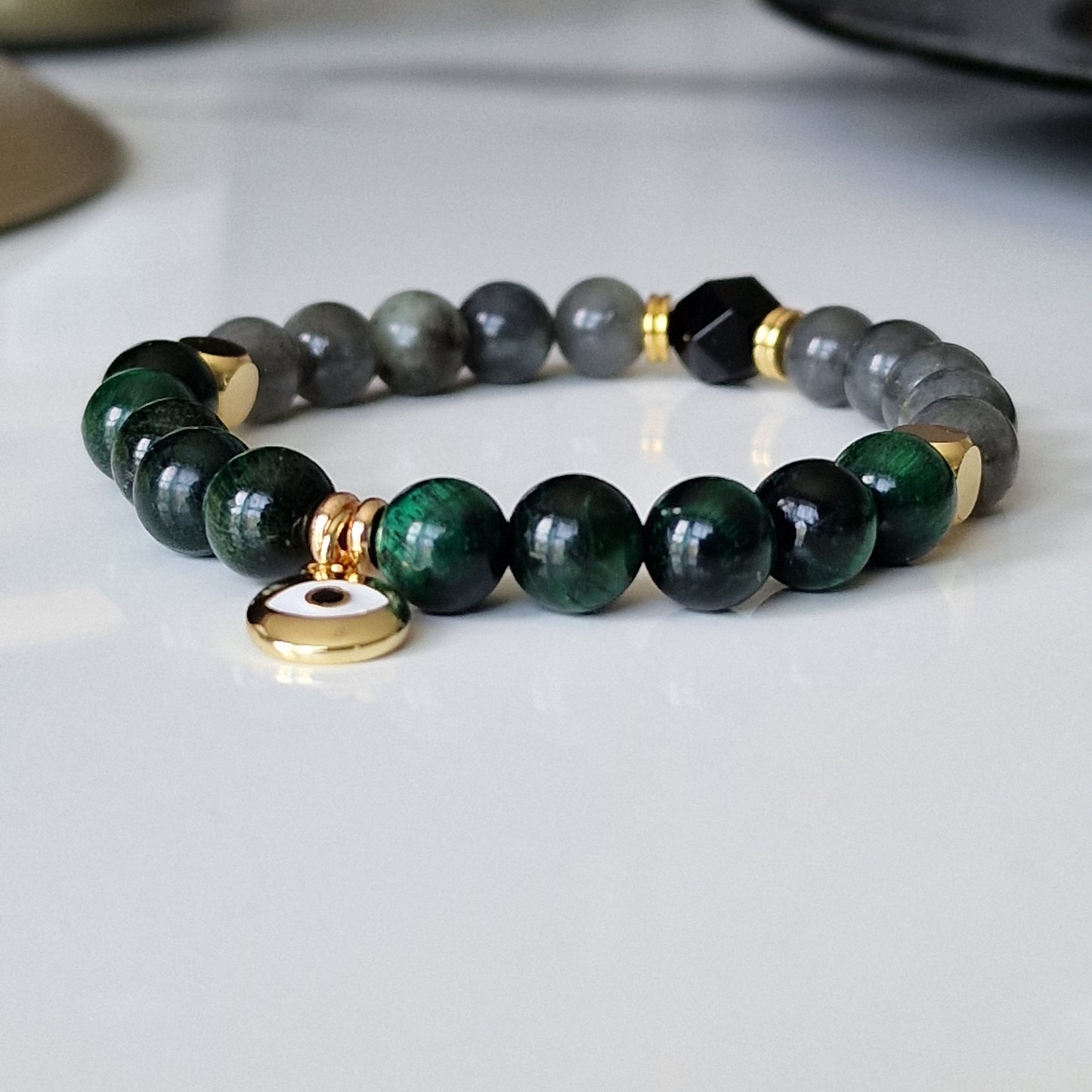 Labradorite, Green Tiger Eye And Black Onyx Beaded Crystal Bracelet