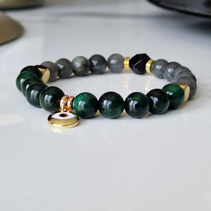 Labradorite, Green Tiger Eye And Black Onyx Beaded Crystal Bracelet