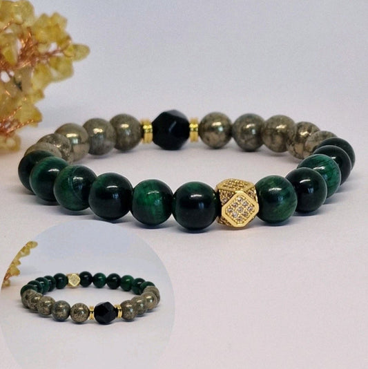 Natural Tiger Eye Black Onyx And Pyrite Crystal Healing Bracelet