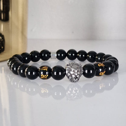 Natural Black Onyx & Agate Crystal Beaded Bracelet With Lion Head