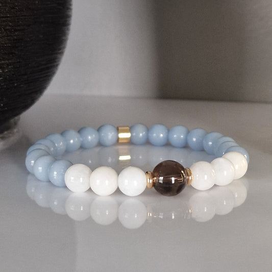 Natural Angelite Moonstone And Smoky Quartz Crystal Bracelet