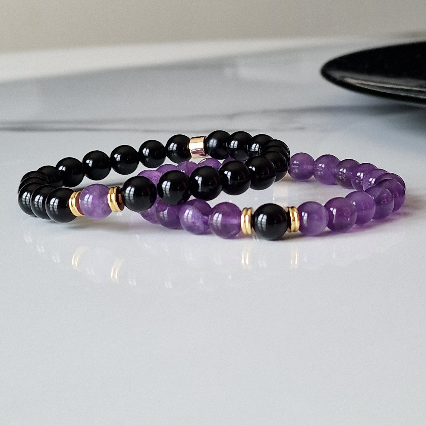 Natural Amethyst & Black Onyx Crystal Healing Distance Bracelet