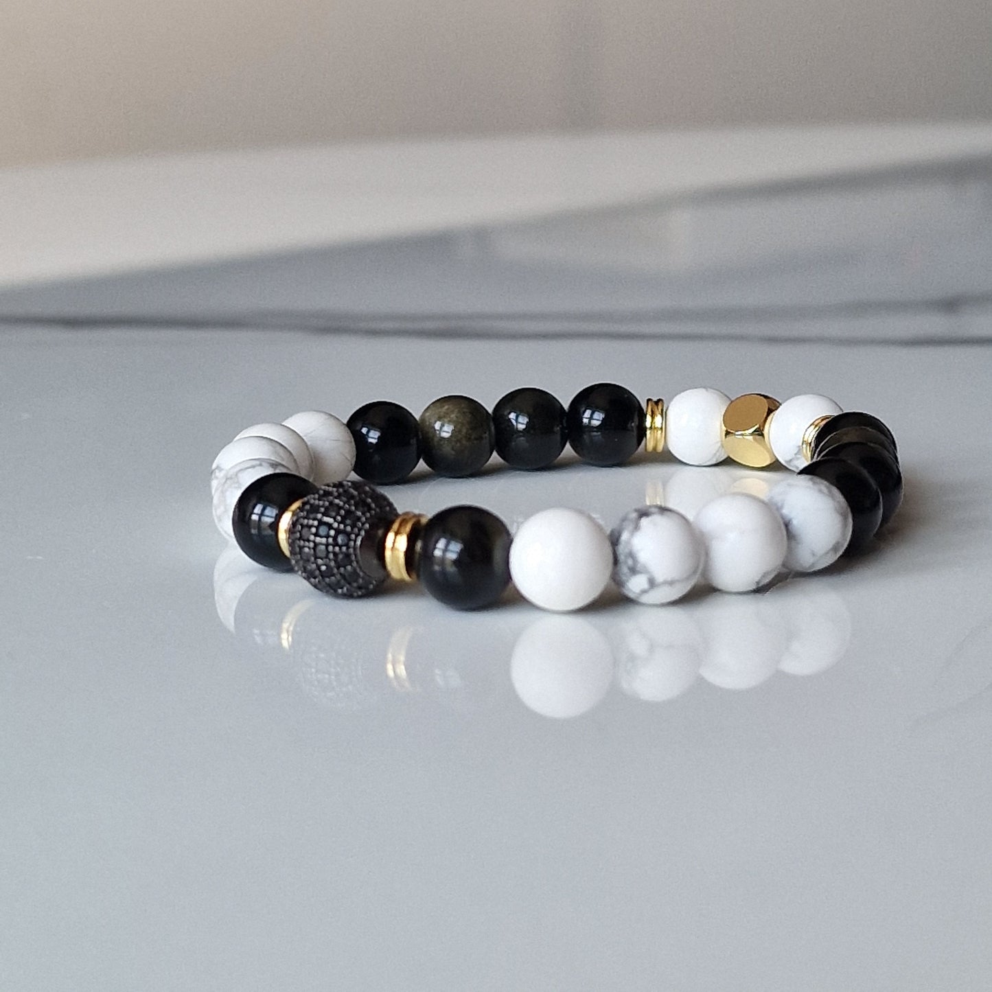 Howlite And Golden Sheen Obsidian Beaded Crystal Bracelet