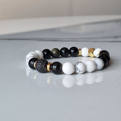 Howlite And Golden Sheen Obsidian Beaded Crystal Bracelet