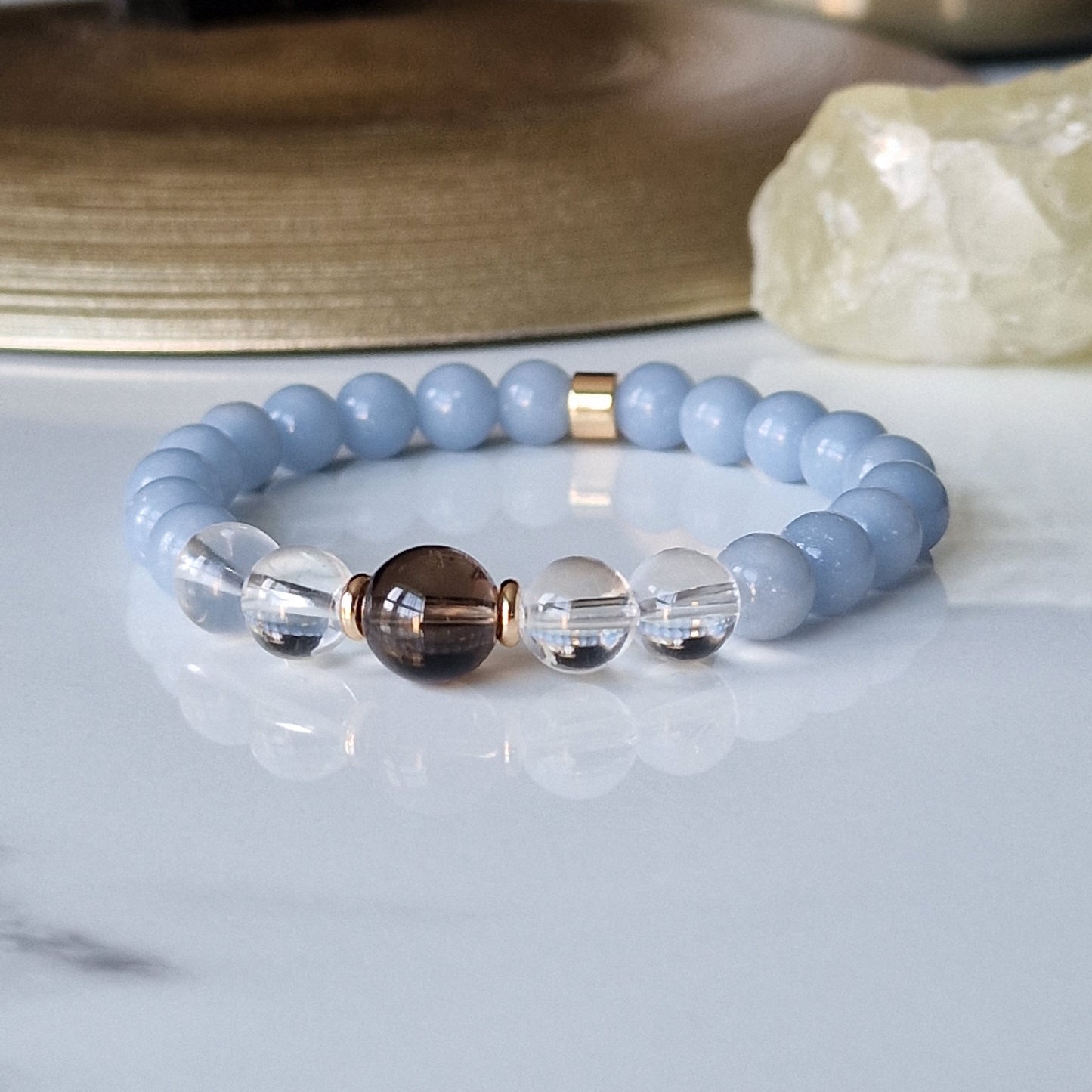 Natural Angelite, Clear Quartz And Smoky Quartz Crystal Bracelet