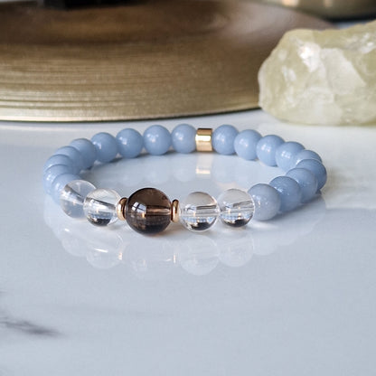 Natural Angelite, Clear Quartz And Smoky Quartz Crystal Bracelet