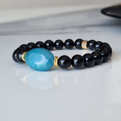 Natural Black Onyx Beaded Bracelet With Blue Agate
