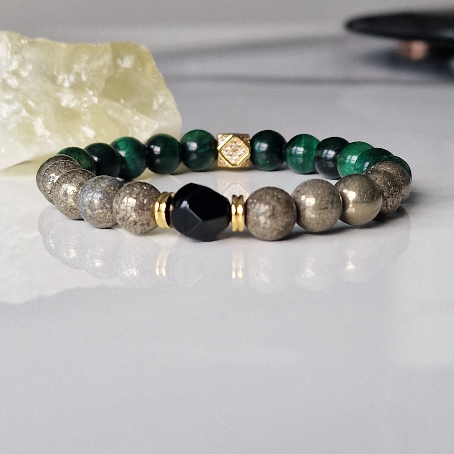 Natural Tiger Eye Black Onyx And Pyrite Crystal Healing Bracelet