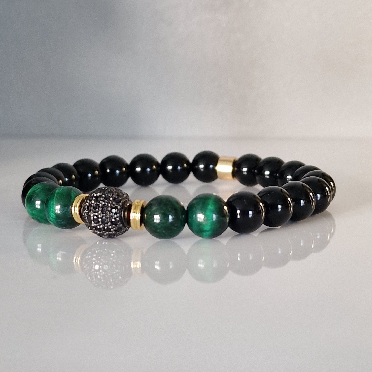 Black Onyx & Tiger Eye Crystal Bracelet With Cubic Zirconia