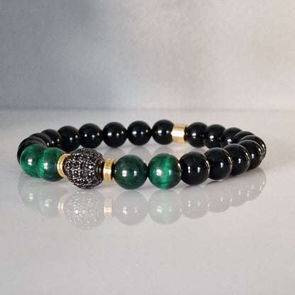 Black Onyx & Tiger Eye Crystal Bracelet With Cubic Zirconia